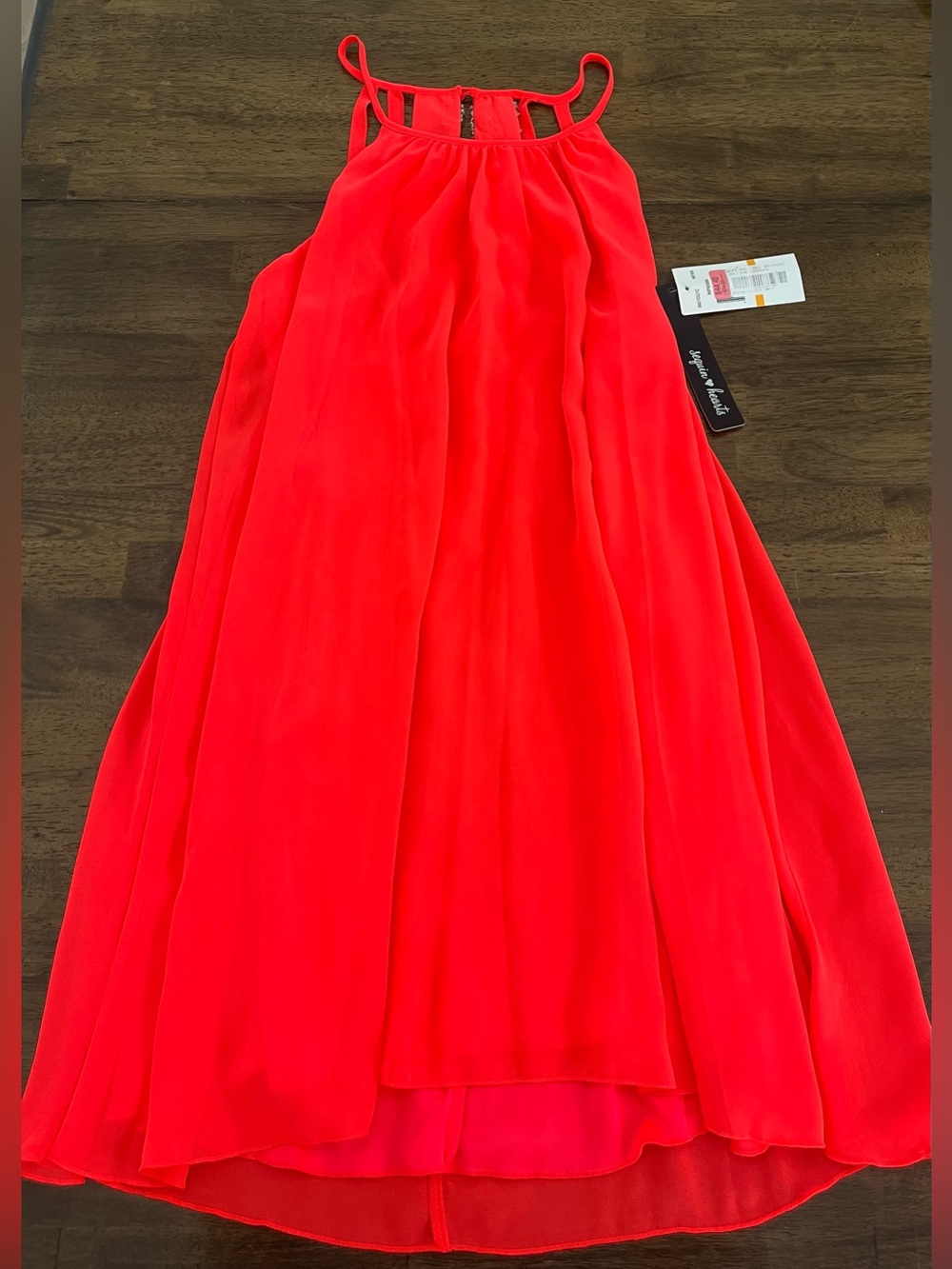Sequin Hearts Neon Coral Beaded Back Strap Dress Flowy Halter Sz Small NWT